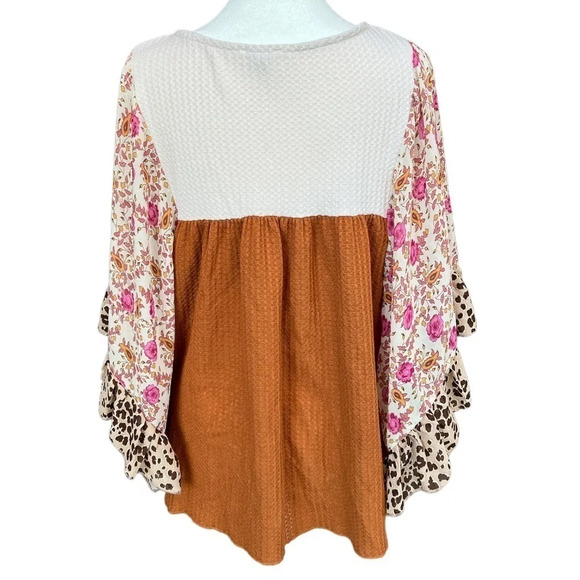 Umgee floral & animal print sleeve top with waffle knit body flowy loose size S - Picture 5 of 8